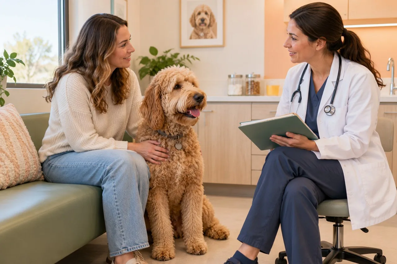Veterinarian consulting with an owner and a dog